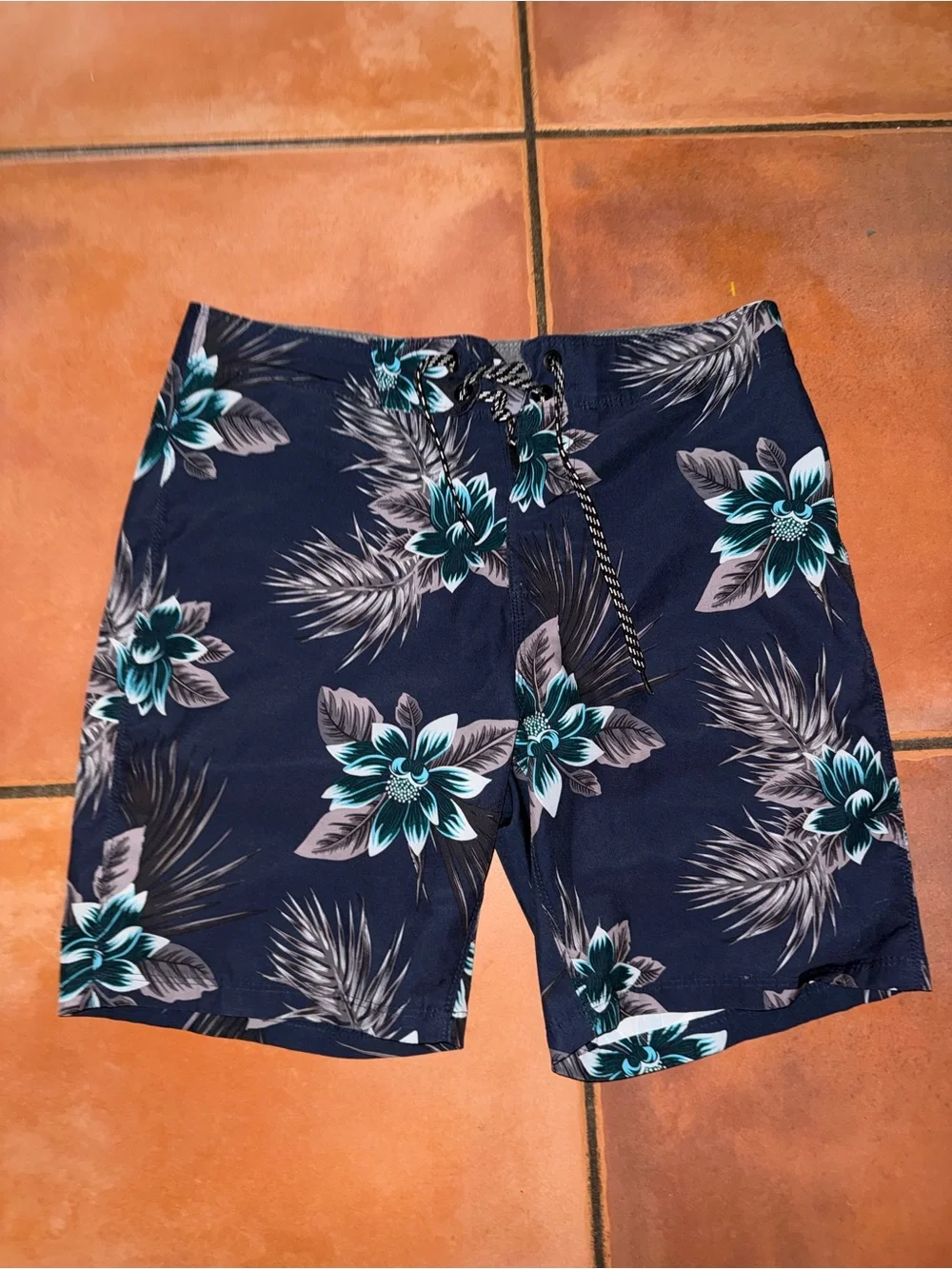 Hurley‎ Navy Floral Swim Trunks with Teal & Gray Accents